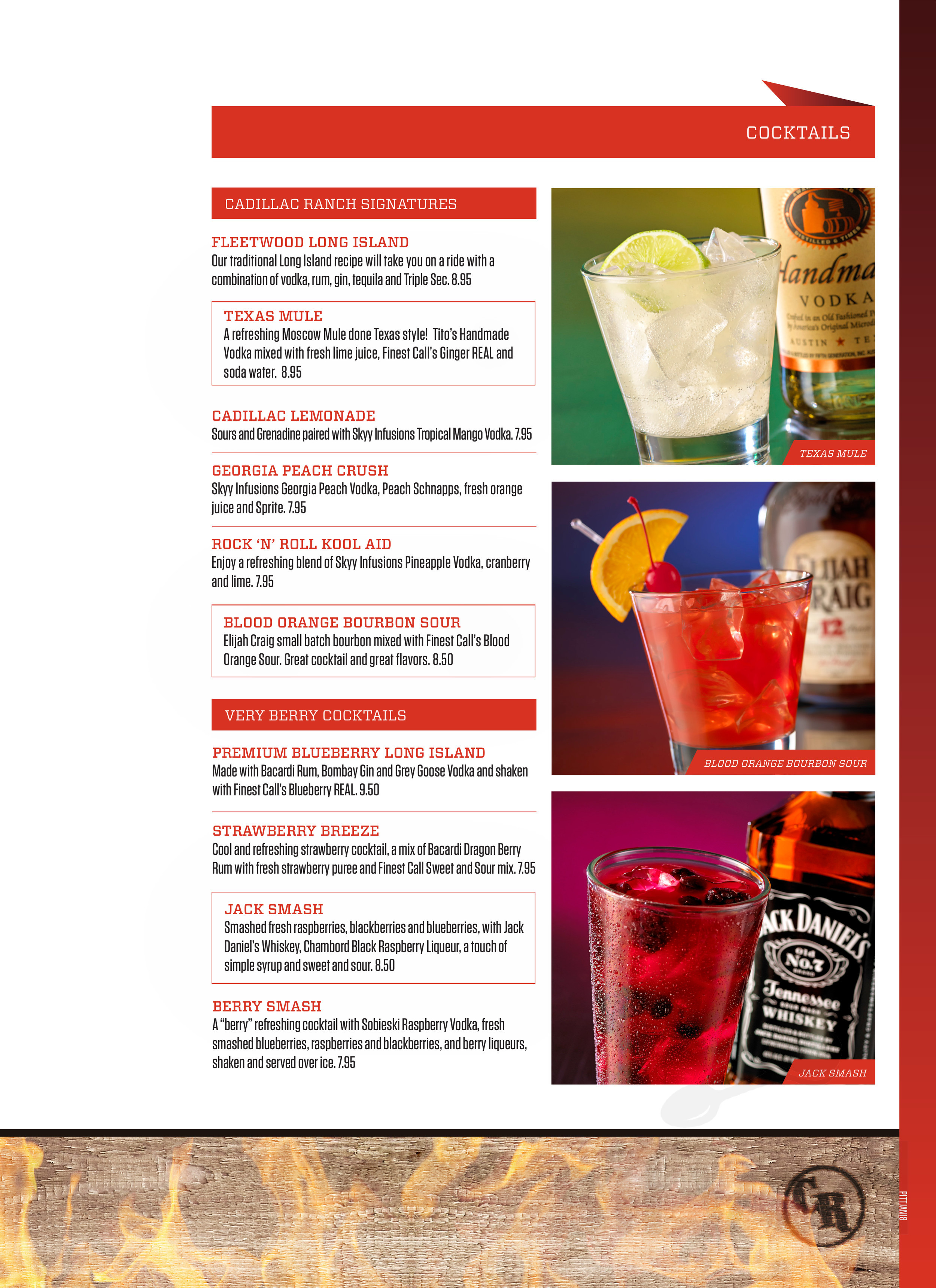 Cadillac Ranch menu in Pittsburgh, Pennsylvania, USA