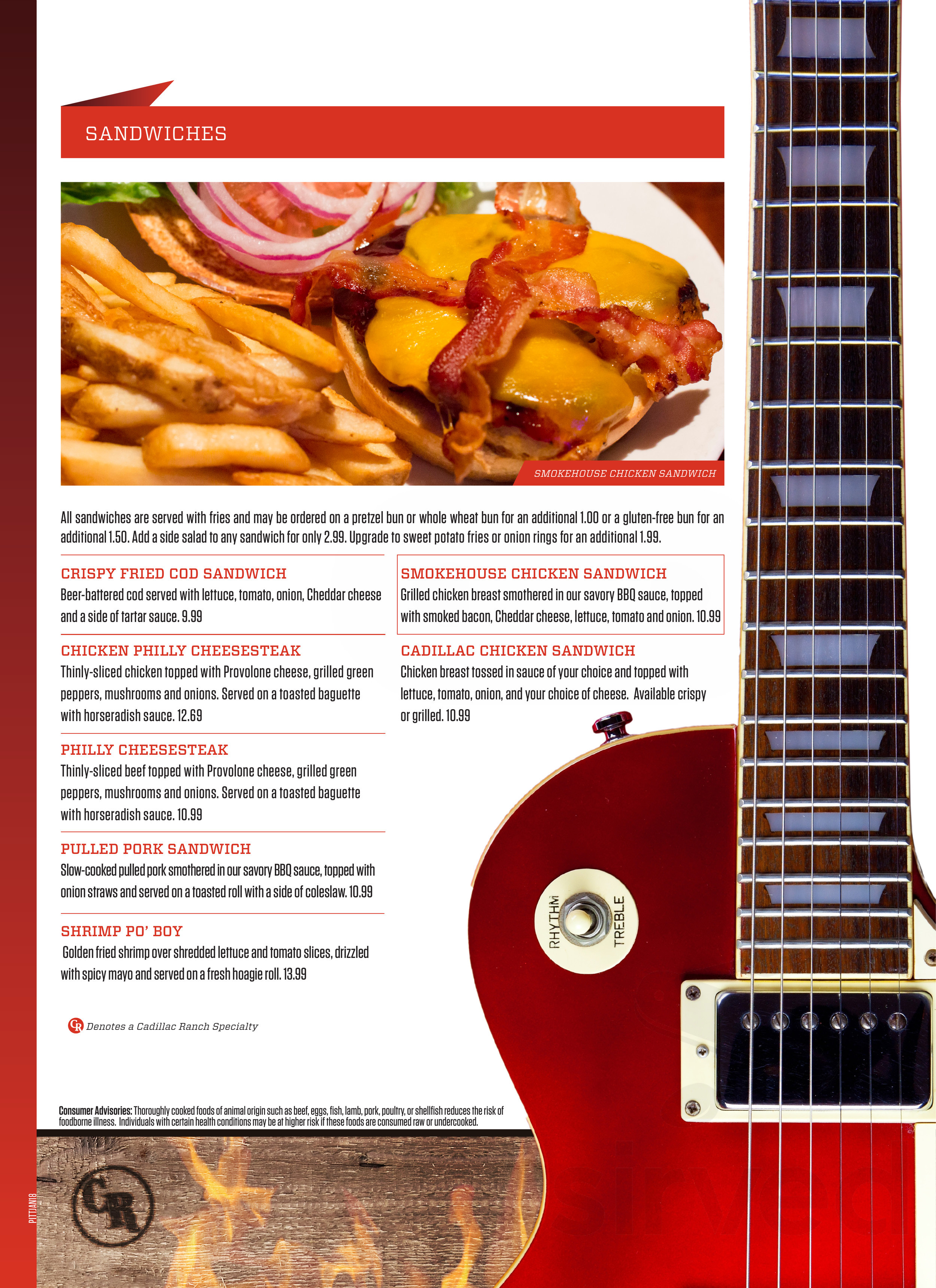 Cadillac Ranch menu in Pittsburgh, Pennsylvania, USA