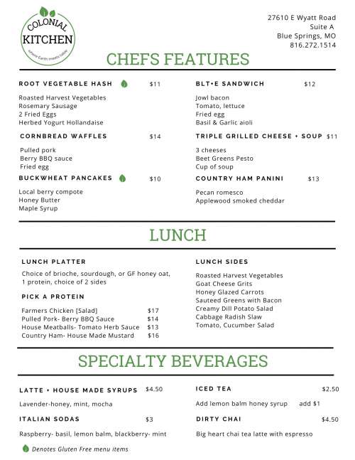 Colonial Kitchen menu in Blue Springs, Missouri, USA