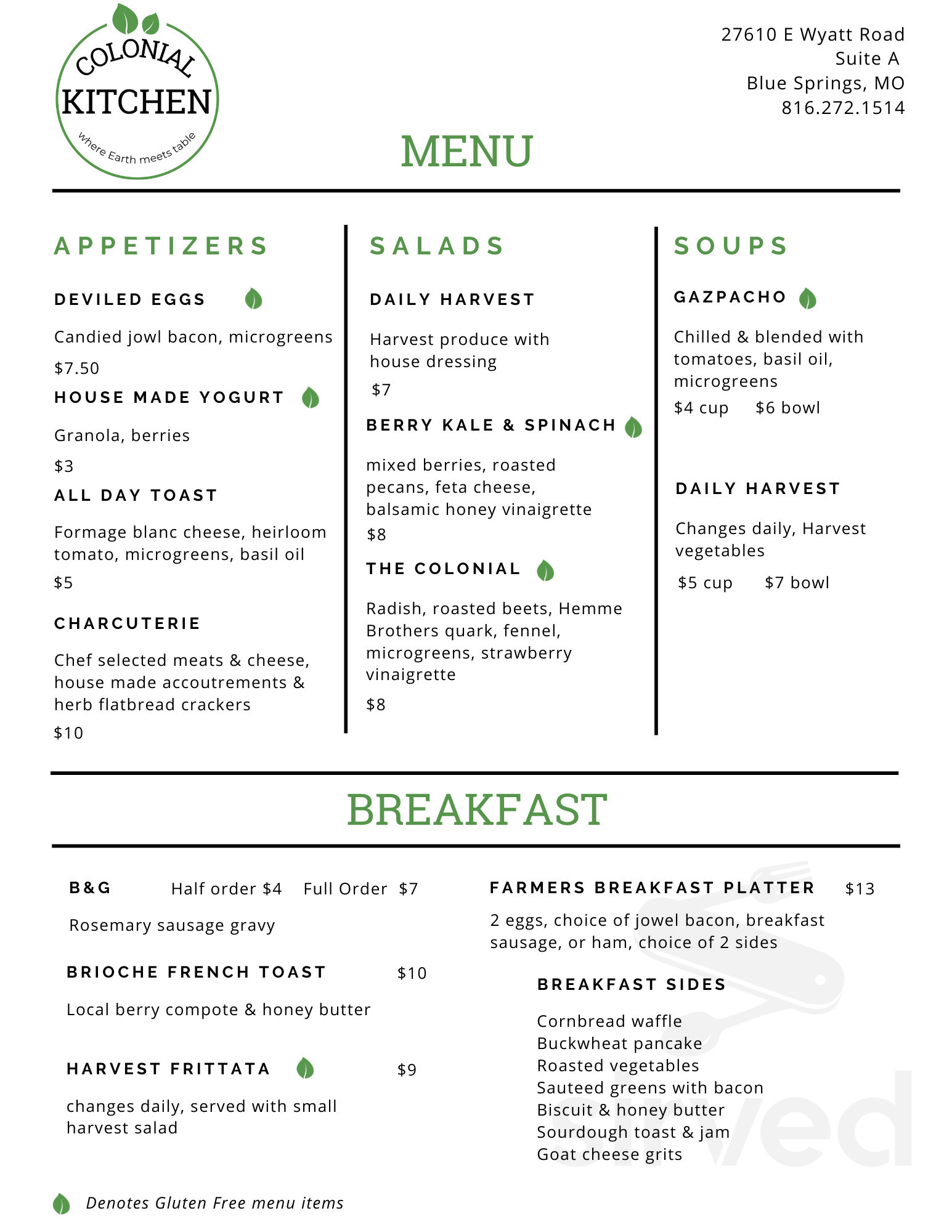 Colonial Kitchen menu in Blue Springs, Missouri, USA