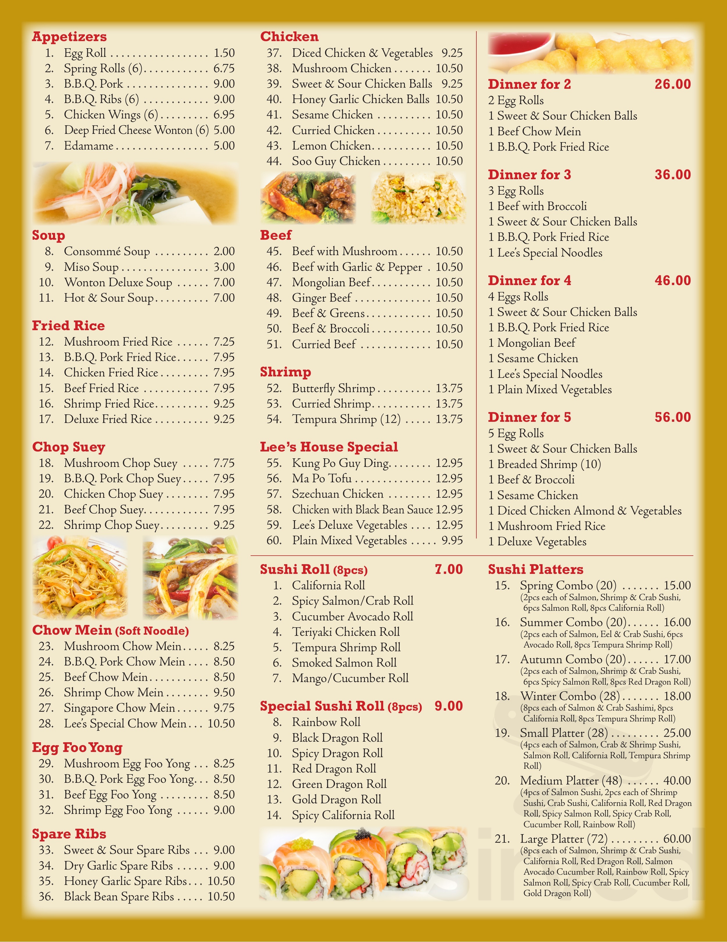 Lee's Buffet menu in Brandon, Manitoba, Canada