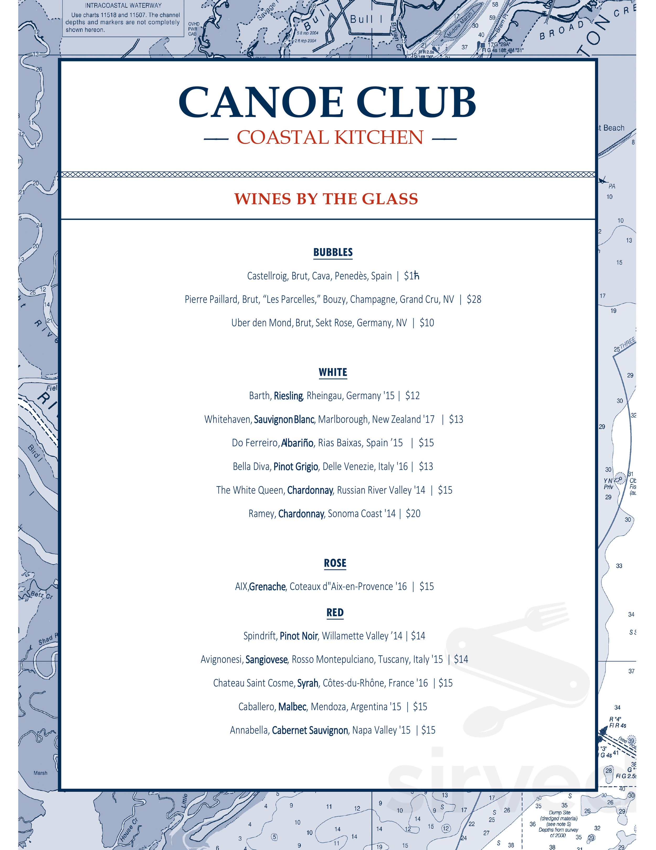 Canoe Club menu in Bluffton, South Carolina, USA