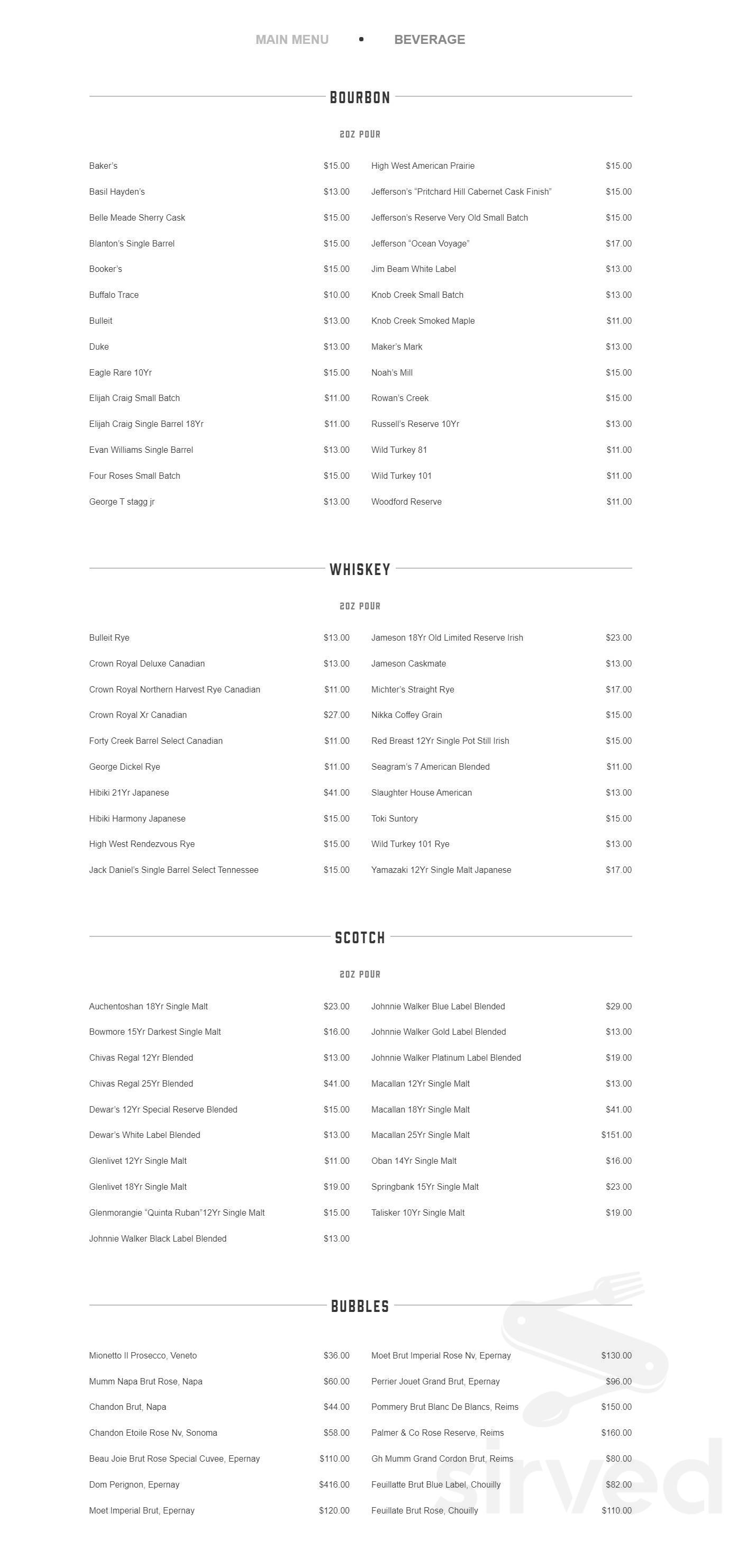 Bull & Bourbon Steakhouse drink menu in El Cajon, California