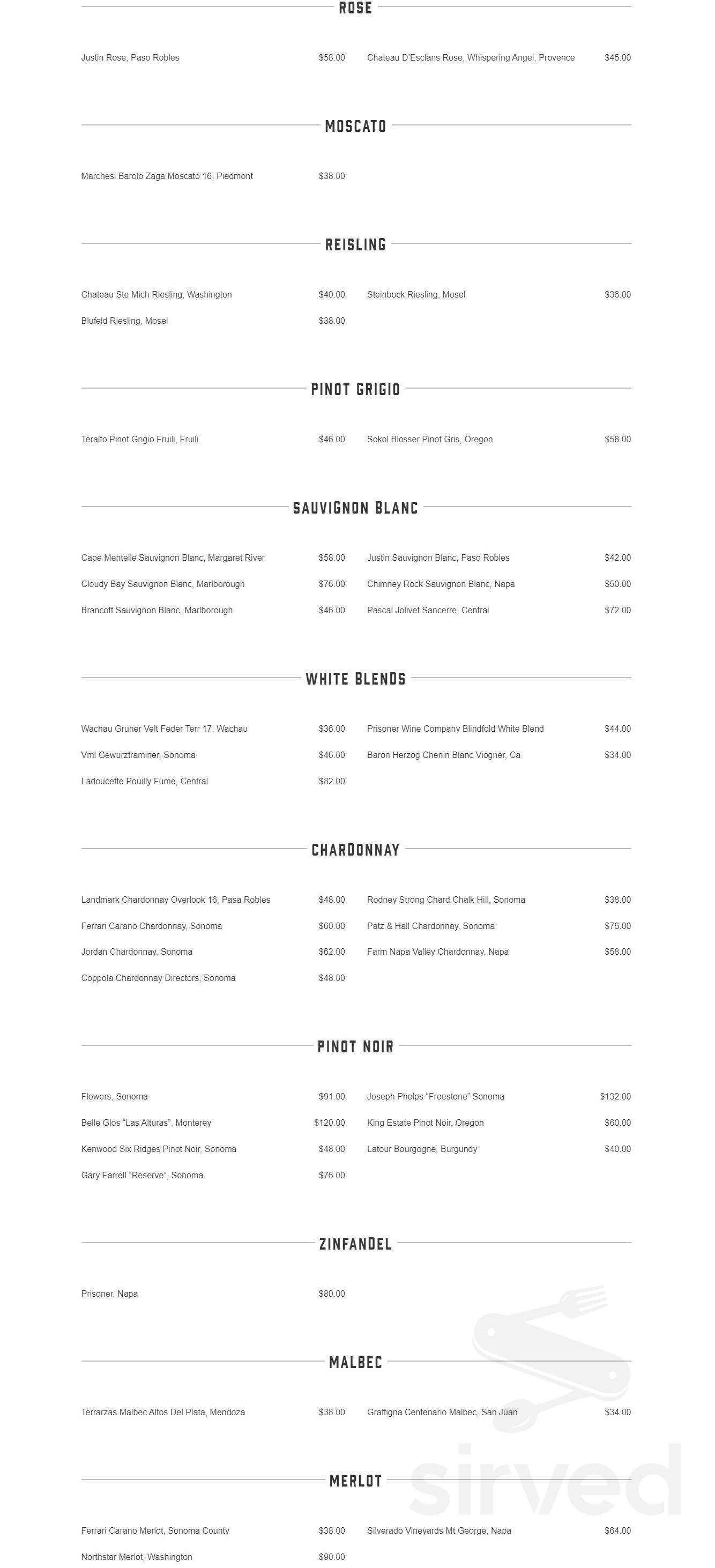 Bull & Bourbon Steakhouse drink menu in El Cajon, California