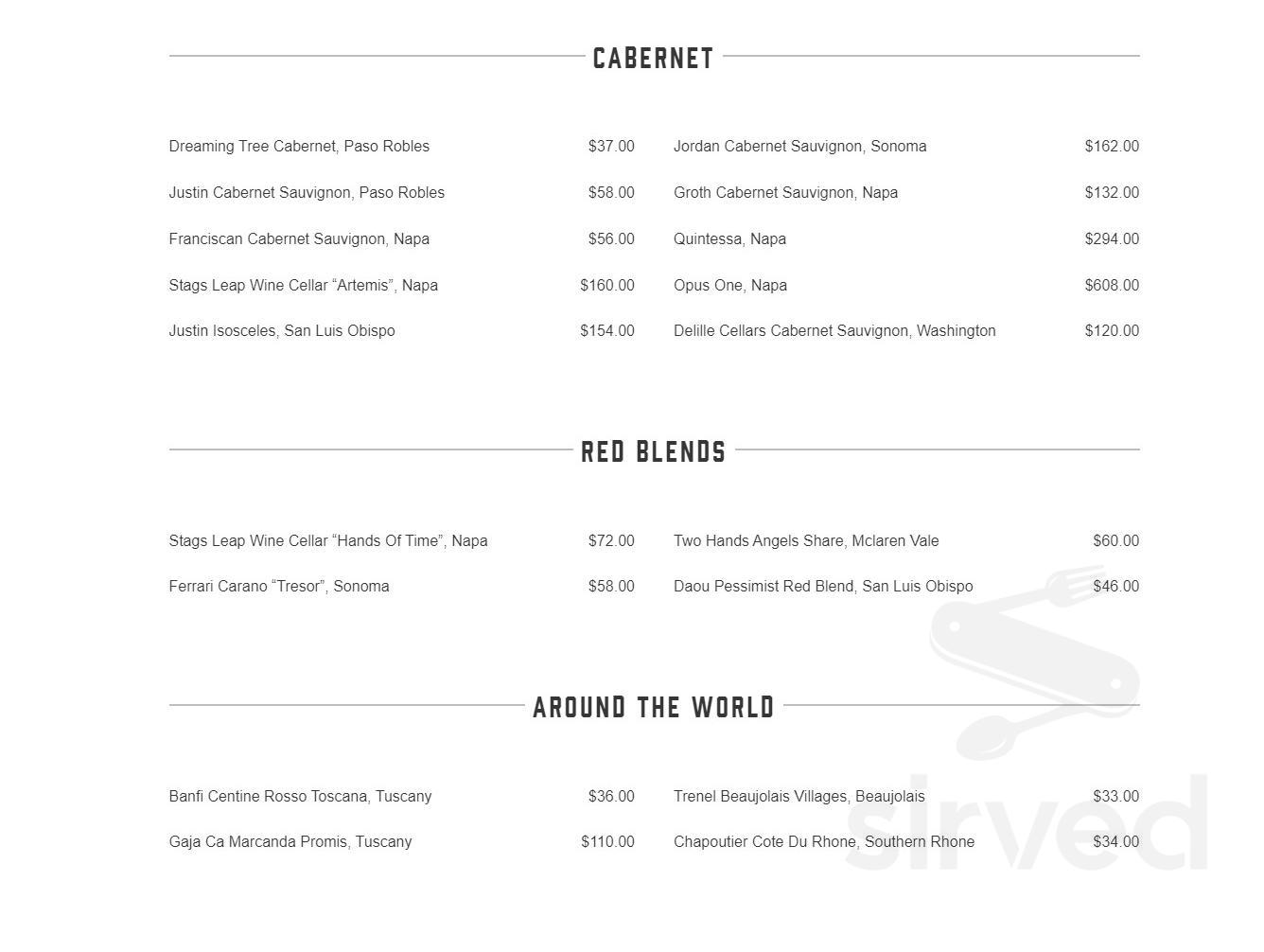 Bull & Bourbon Steakhouse drink menu in El Cajon, California