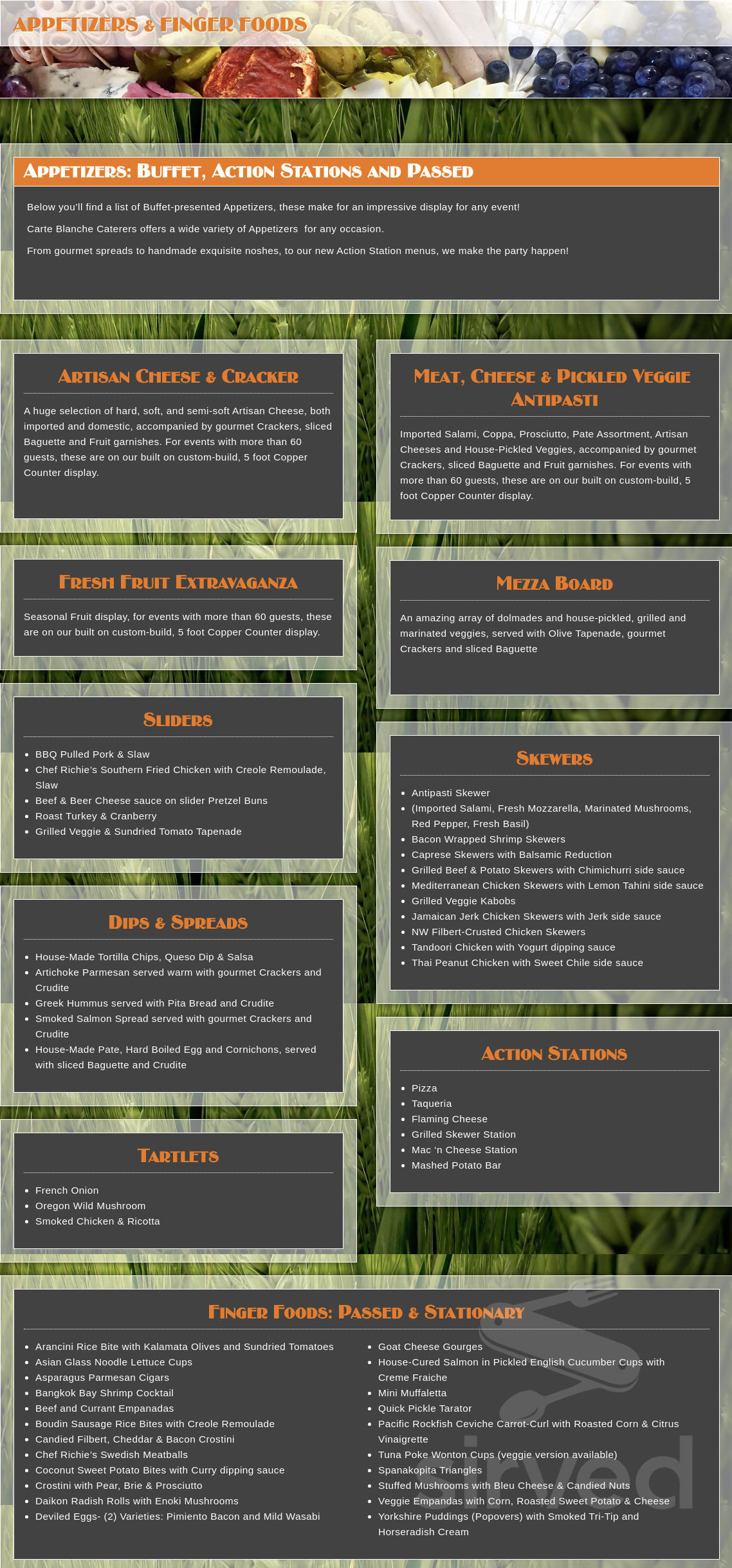 Carte Blanche Caterers menu in Eugene, Oregon, USA