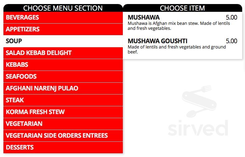 Afghan Kebab menu in Toronto, Ontario, Canada