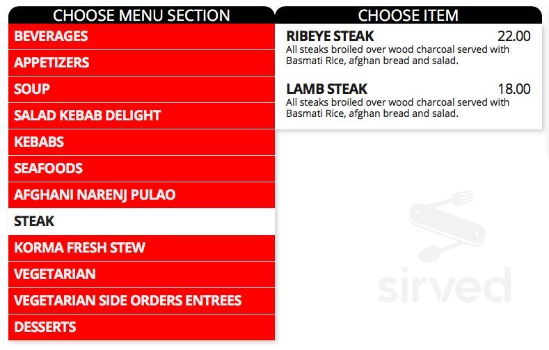 Afghan Kebab menu in Toronto, Ontario, Canada