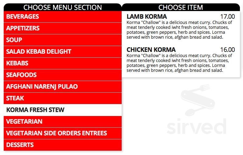 Afghan Kebab menu in Toronto, Ontario, Canada