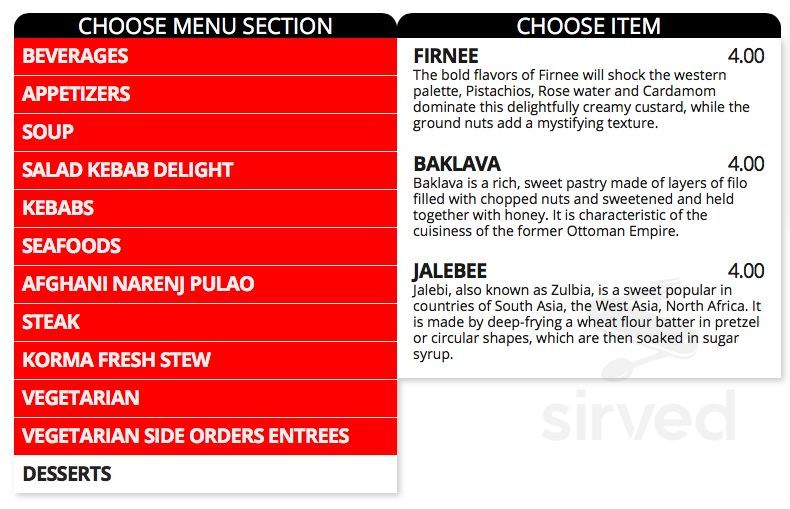 Afghan Kebab menu in Toronto, Ontario, Canada