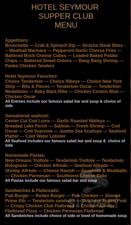 Hotel Seymour Supperclub menu in Seymour, Wisconsin