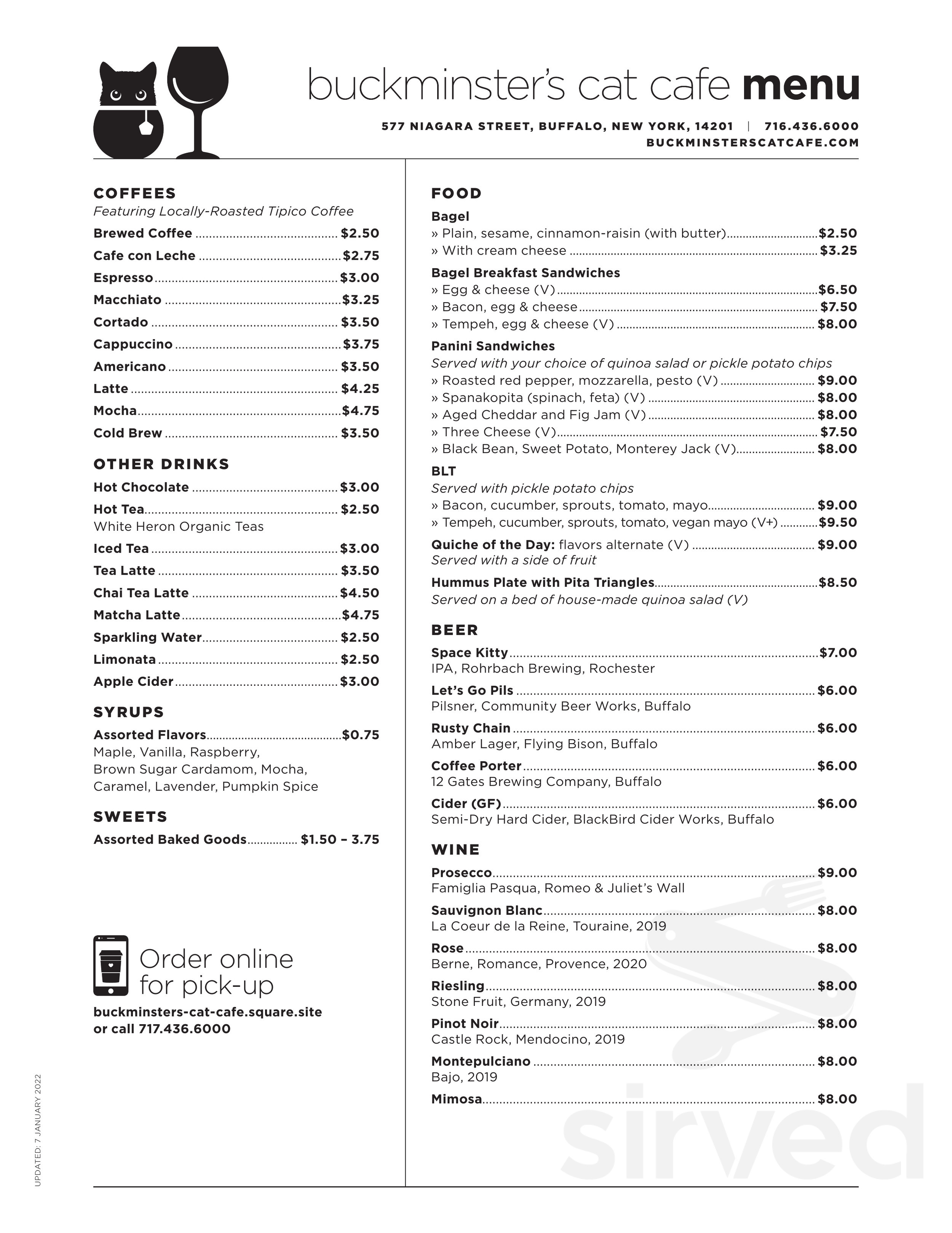 Buckminster's Cat Cafe menu in Buffalo, New York, USA