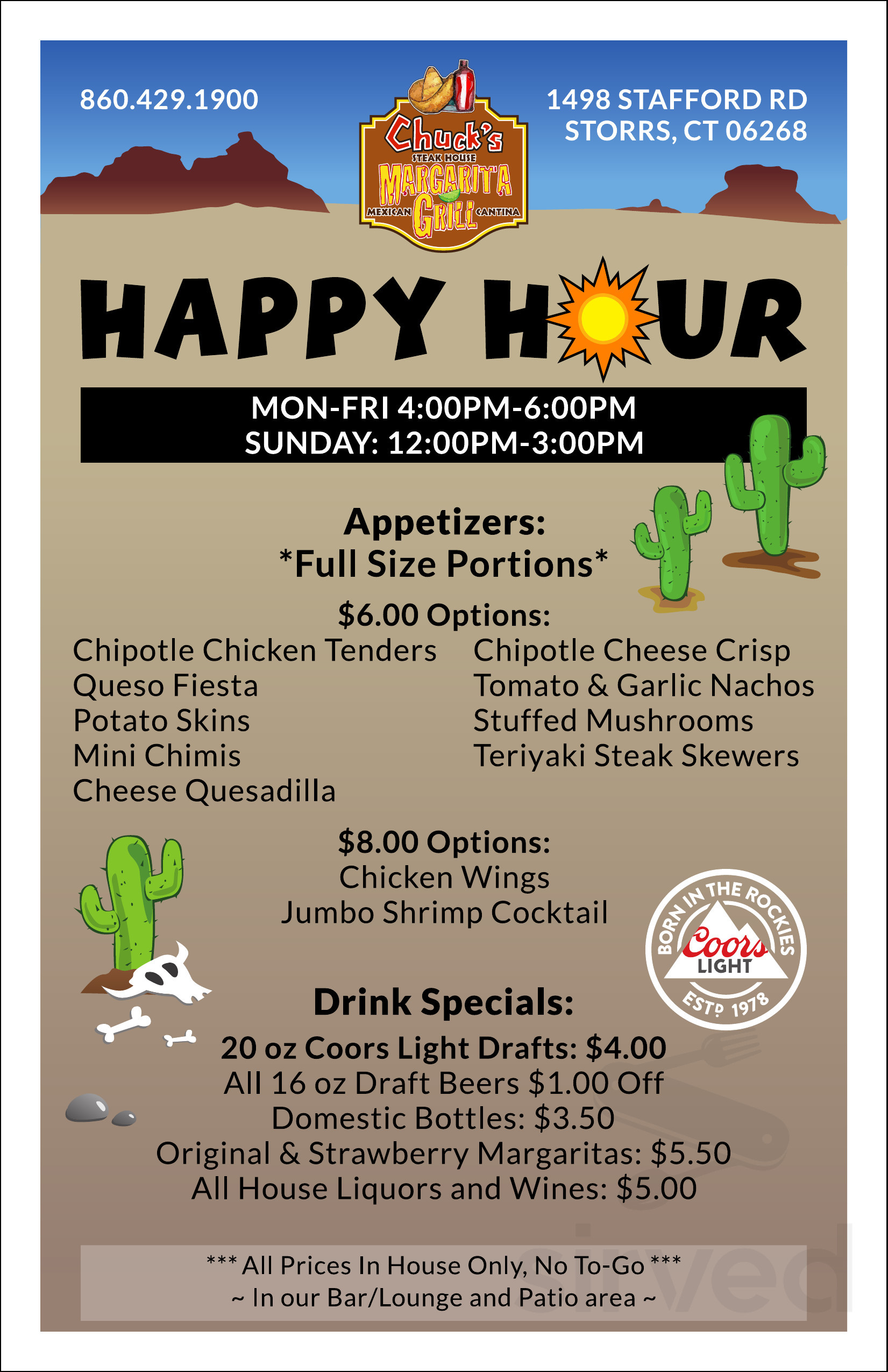 Chuck's Steak House and Margarita Grill menu in Storrs, Connecticut, USA