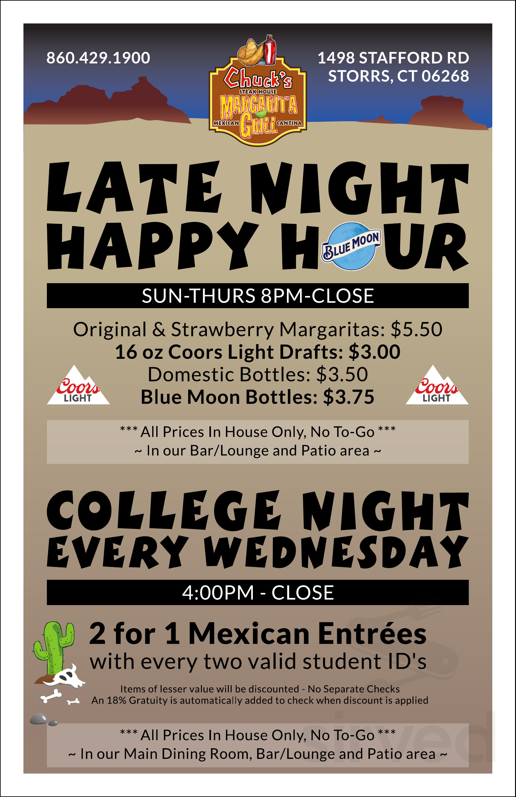 Chuck's Steak House and Margarita Grill menu in Storrs, Connecticut, USA