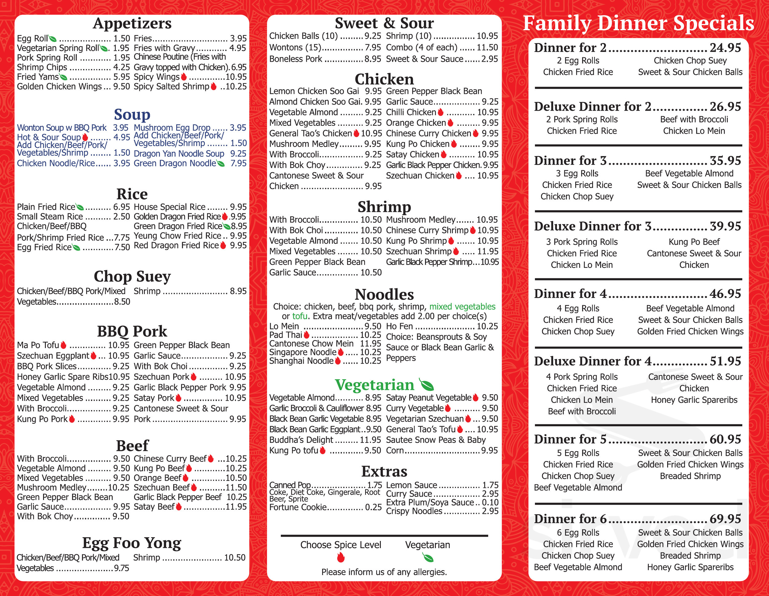 Dragon Yan take out menu in Peterborough, Ontario