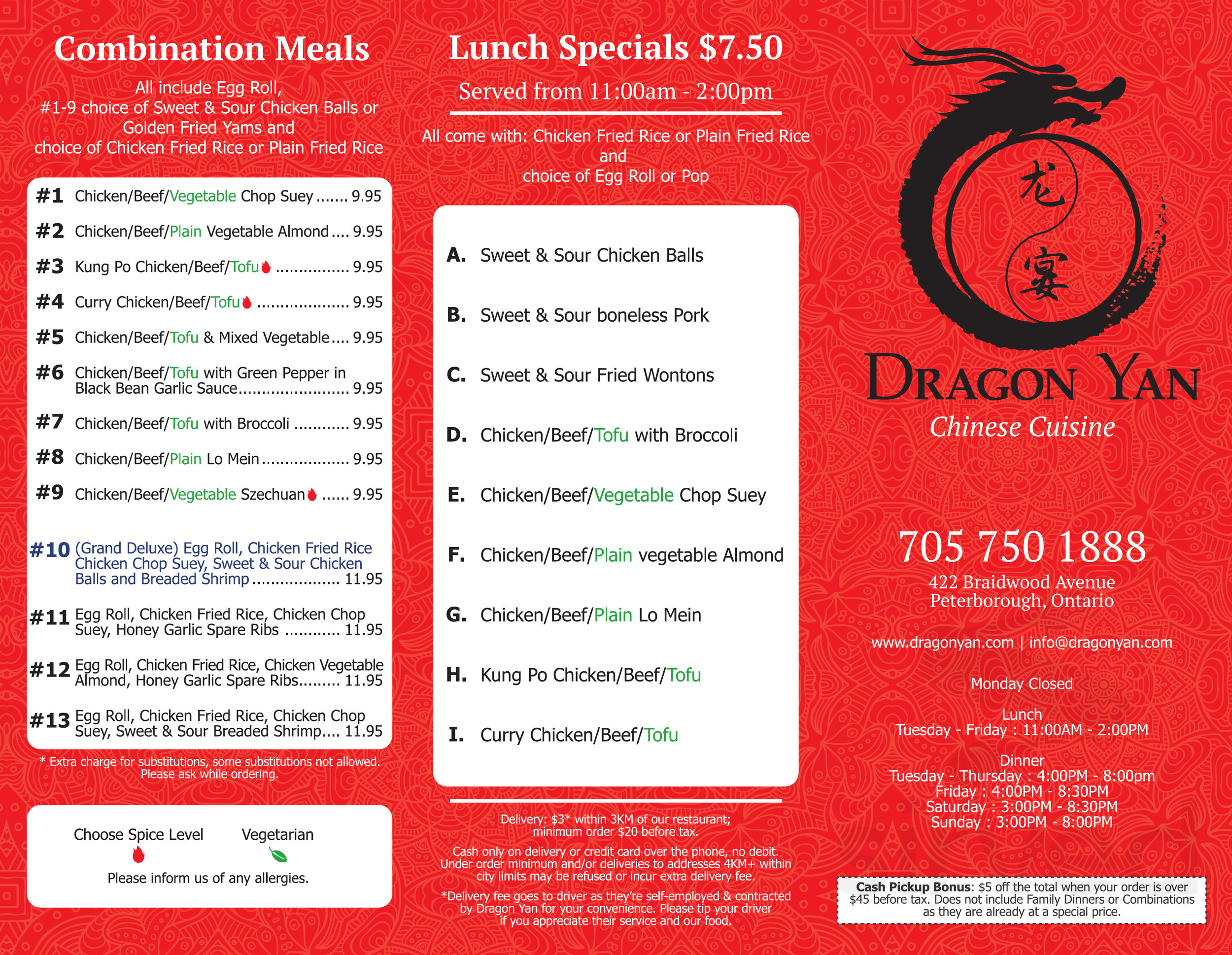 Dragon Yan take out menu in Peterborough, Ontario