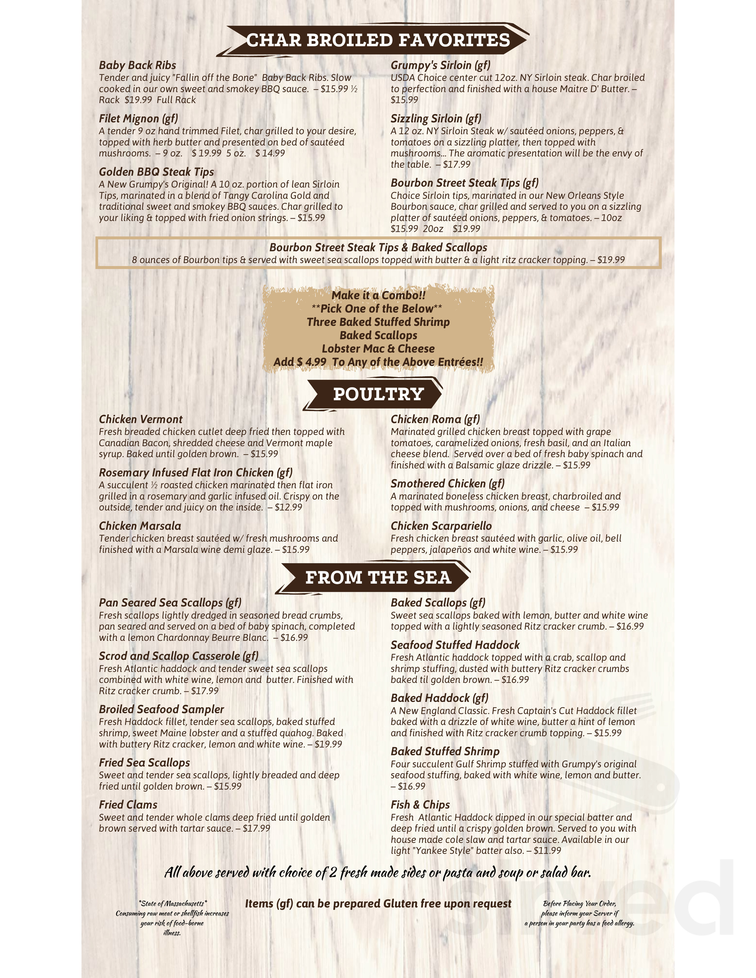 Menu Bellingham MA's Grumpy's Restaurant Sirved