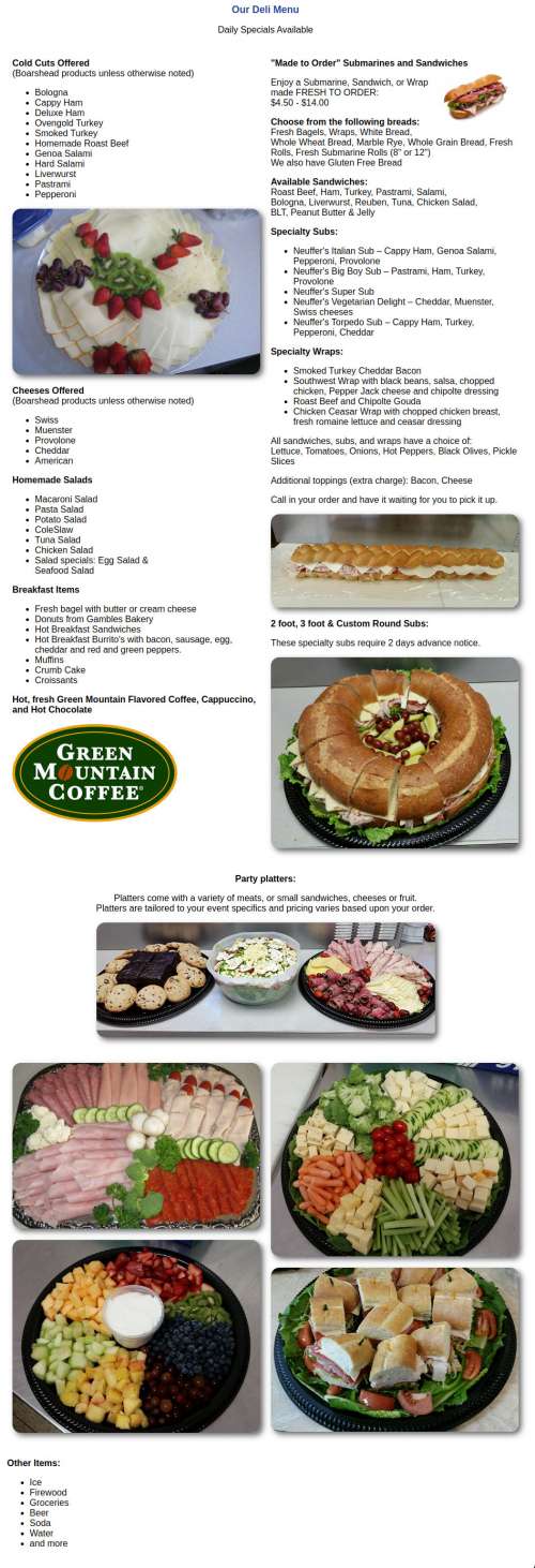Neuffer's Deli & Laundromat menu in Bolton Landing, New York, USA