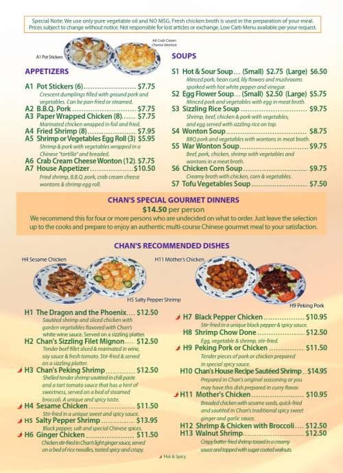 Chan's Chinese Restaurant menu in McMinnville, Oregon, USA