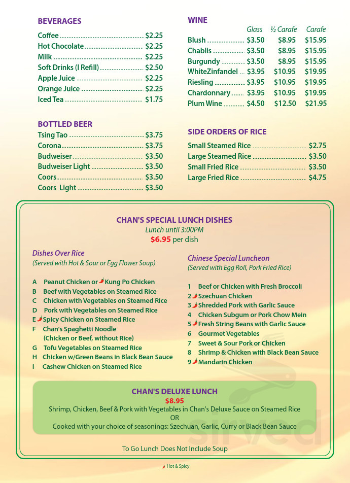 Chan's Chinese Restaurant menu in McMinnville, Oregon, USA