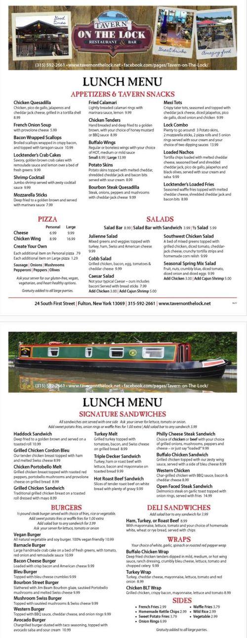 Tavern On the Lock menu in Fulton, New York, USA
