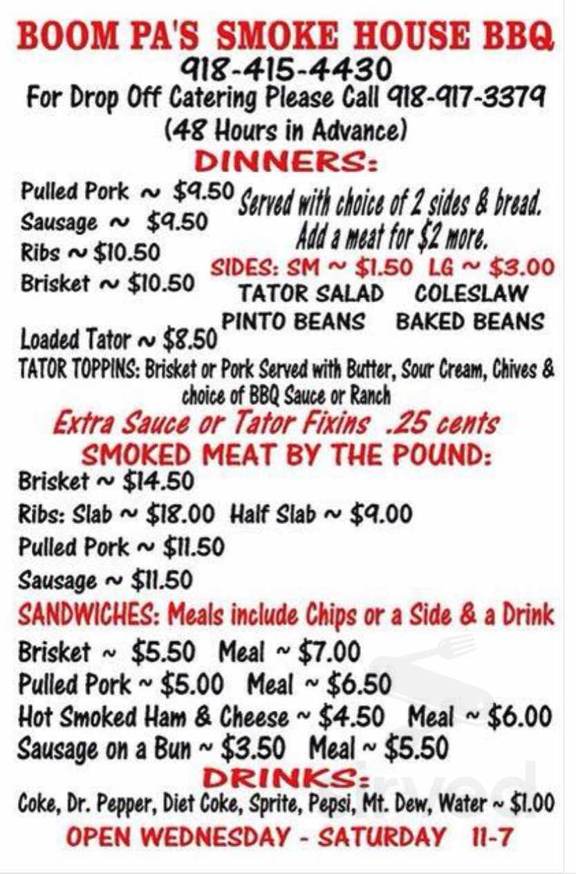 Boom Pa's Smokehouse BBQ And Convenience Store menu in Clayton, Oklahoma