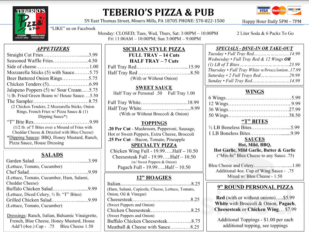 Teberio's Pizza & Pub menu in Wilkes-Barre, Pennsylvania