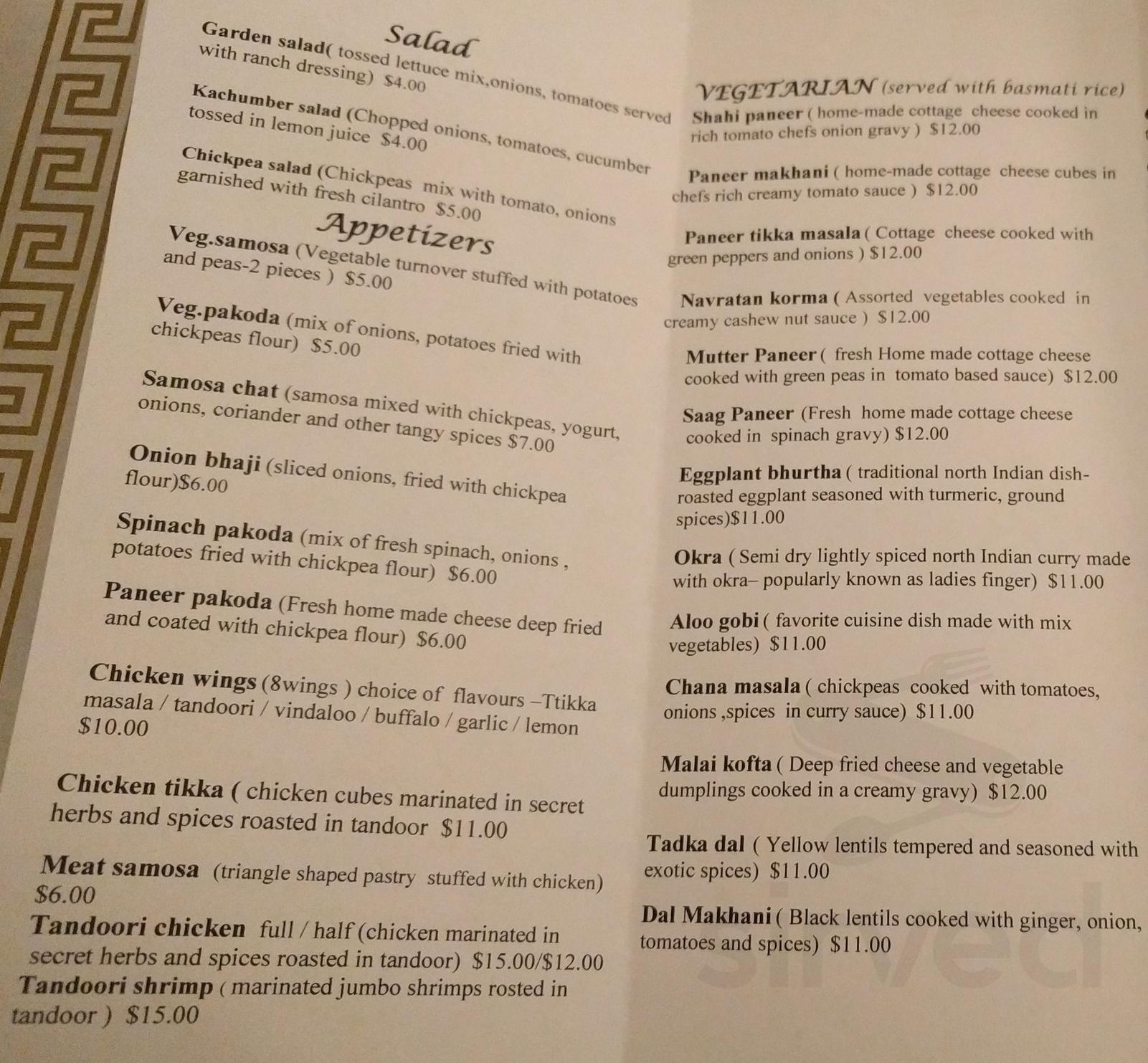 Taj Aiken Indian Cuisine menu in Aiken, South Carolina, USA