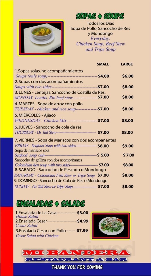 Mi Bandera menu in Tampa, Florida, USA