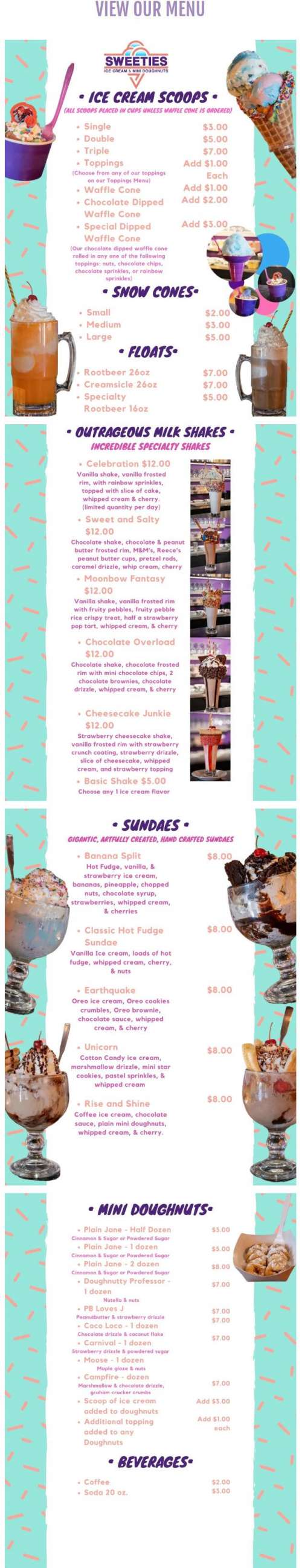 Sweeties Ice Cream and mini doughnuts menu in Corbin, Kentucky, USA