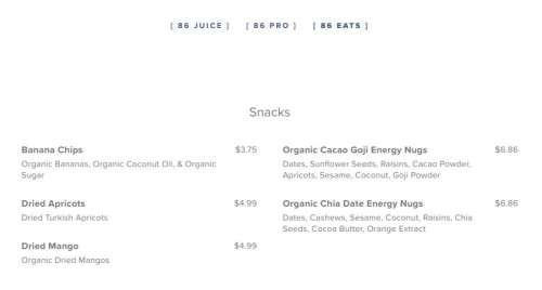 86 Cold Press menu in Wichita, Kansas, USA