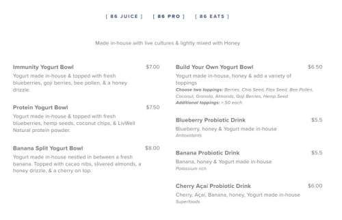 86 Cold Press menu in Wichita, Kansas, USA