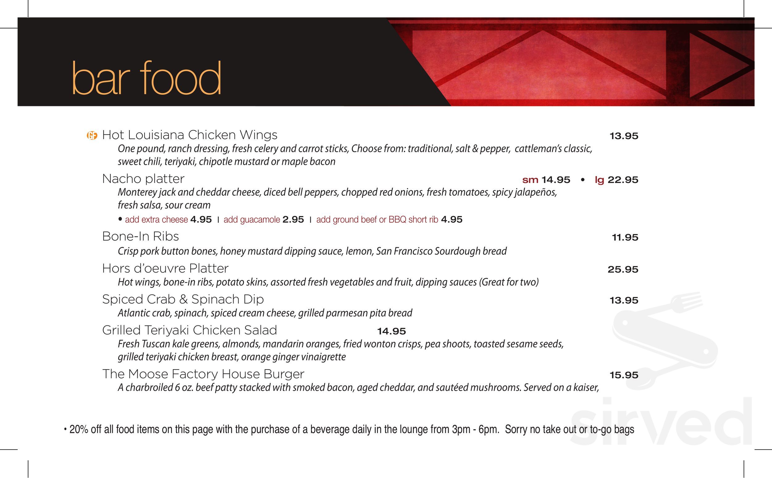 Sawmill Prime Rib & Steak House menu in Edmonton, Alberta, Canada