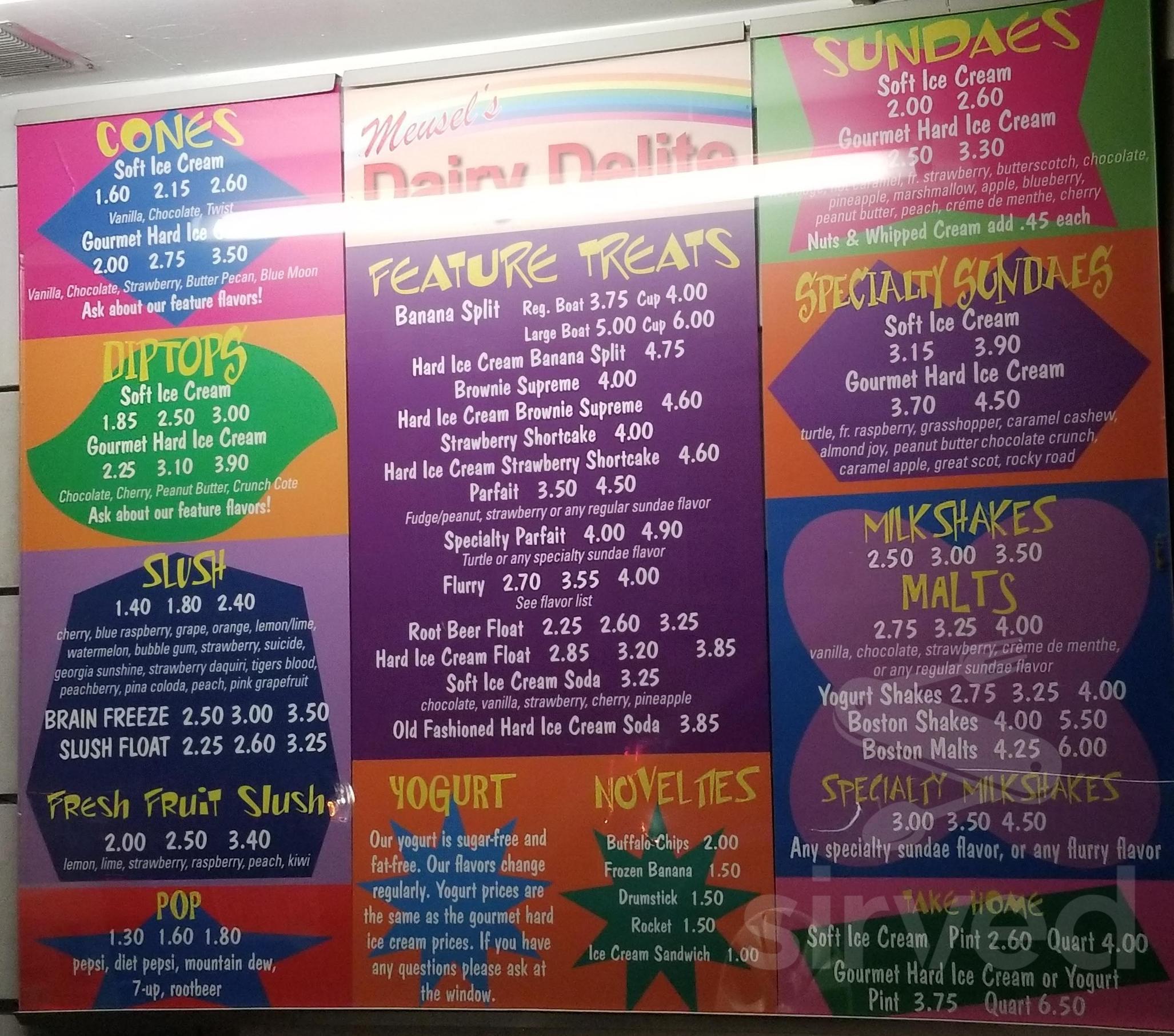 Meusel's Dairy Delite menu in Dixon, Illinois, USA