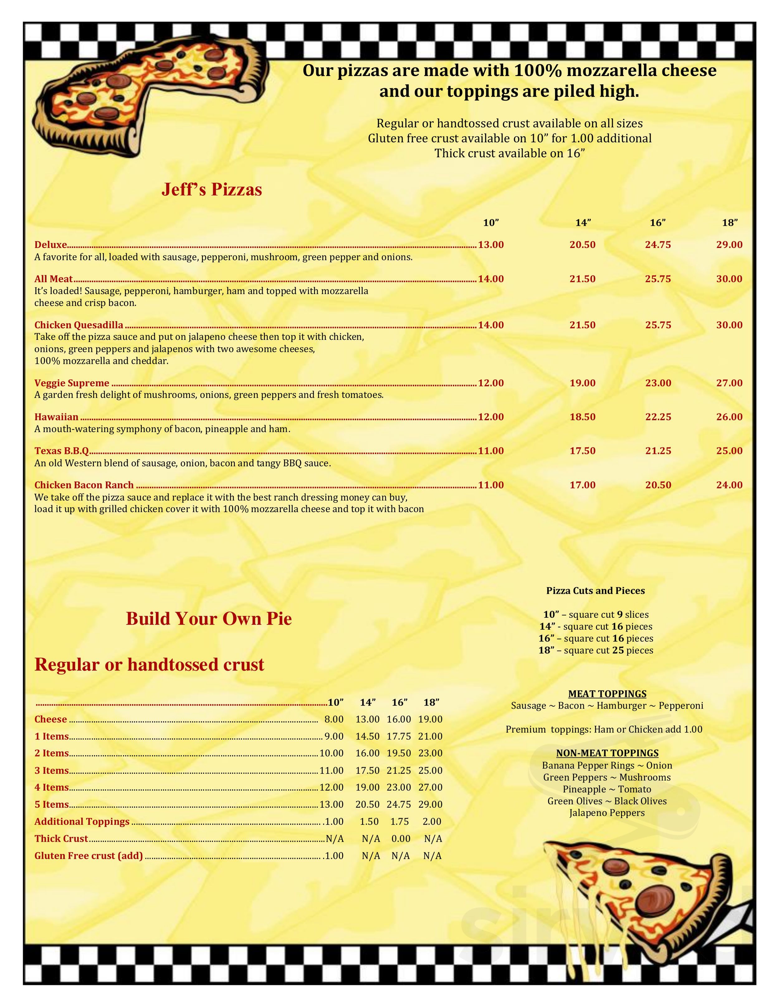 Jeff's Pizza menu in Knightstown, Indiana, USA