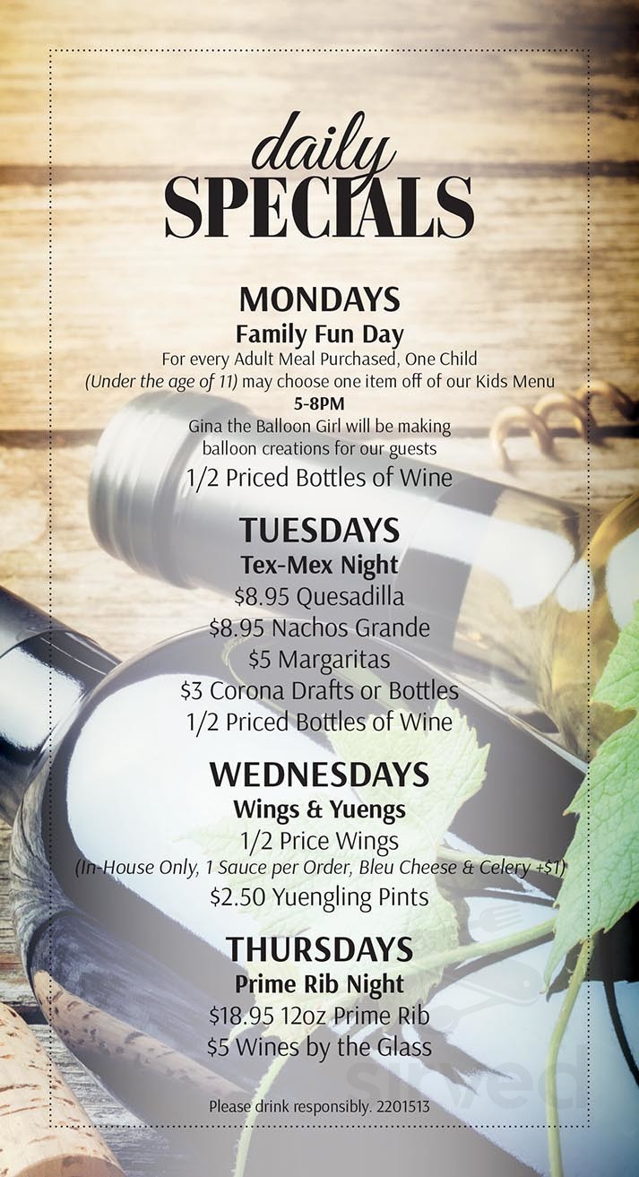 Menu Cinnaminson NJ's SweetWater Bar & Grill Sirved