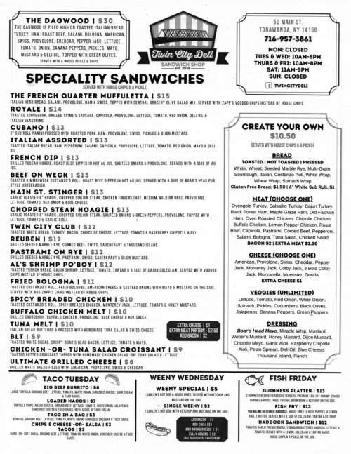Twin City Deli & Sandwich Shop menu in Tonawanda, New York, USA