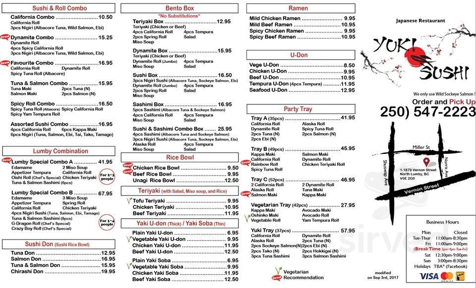Yuki Sushi menu in Lumby, British Columbia
