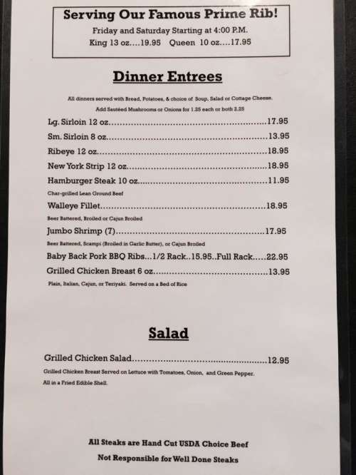 Waverly Steakhouse And Lounge menu in Waverly, South Dakota, USA