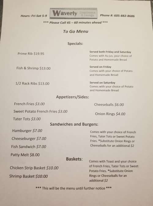 Waverly Steakhouse And Lounge menu in Waverly, South Dakota, USA