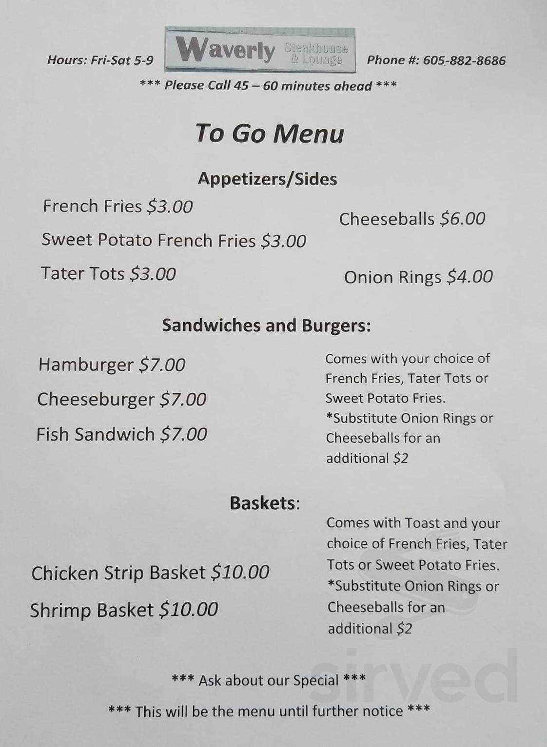 Waverly Steakhouse And Lounge menus in Waverly, South Dakota, United States