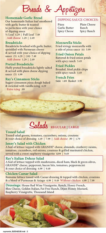 Menu for Raymond's Pizza - Hamilton West Side - Hamilton, OH | Sirved