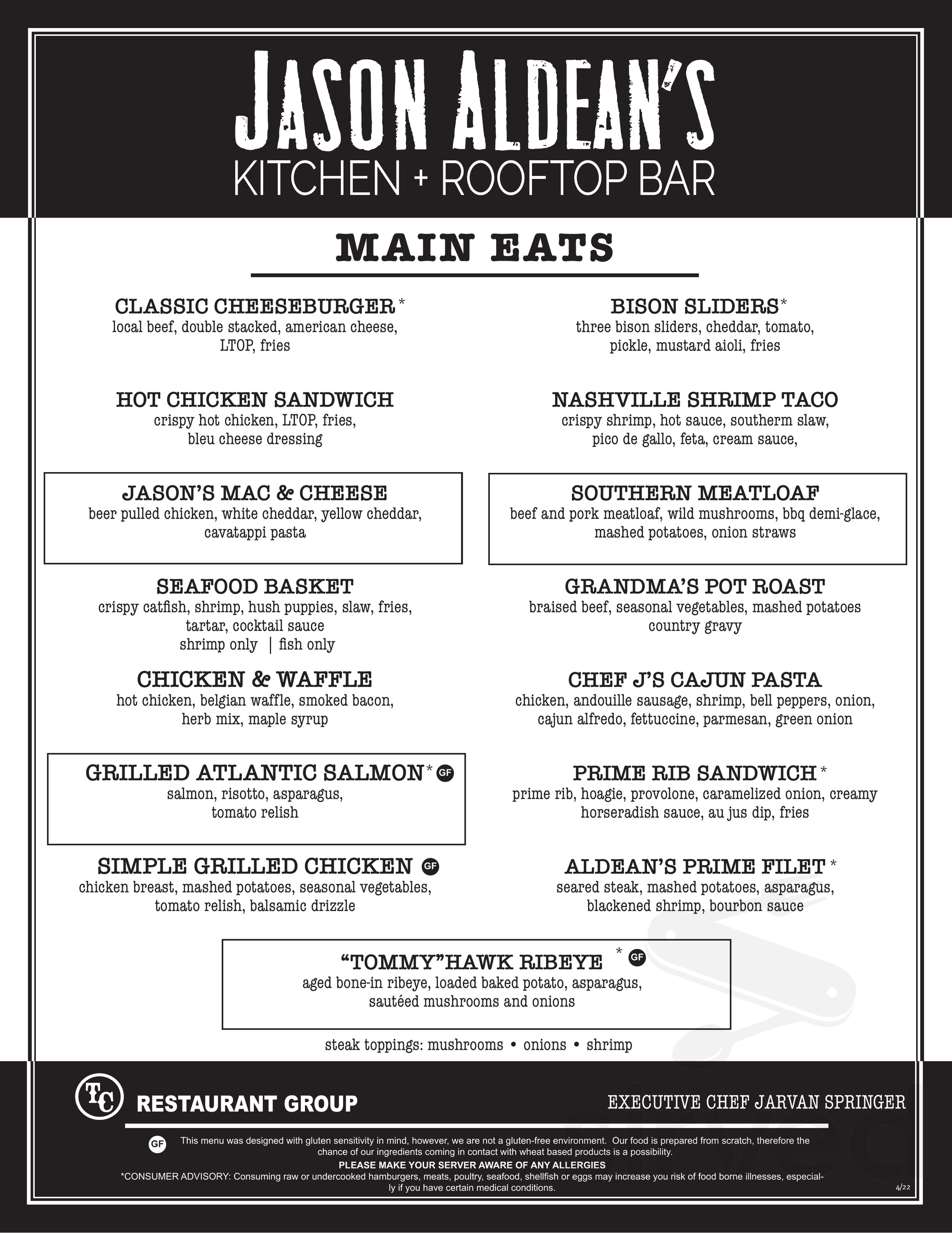 Jason Aldean's Kitchen + Rooftop Bar menu in Nashville, Tennessee, USA