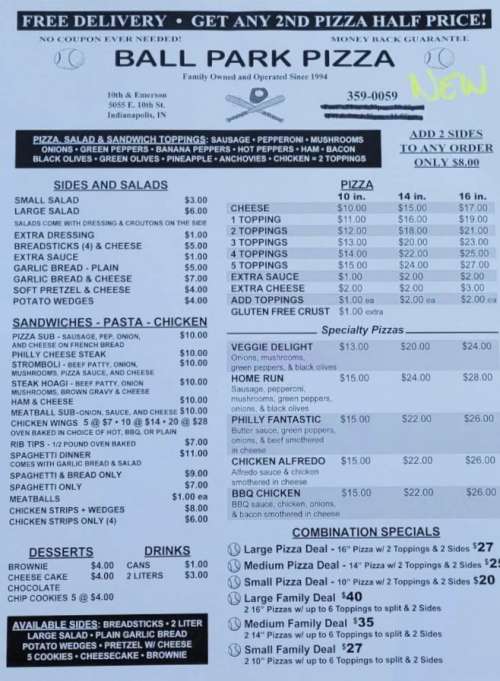 Ball Park Pizza & Eatery menu in Indianapolis, Indiana, USA