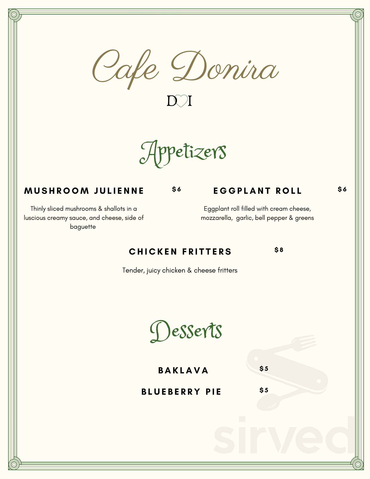 Cafe Donira menu in Manns Choice, Pennsylvania, USA