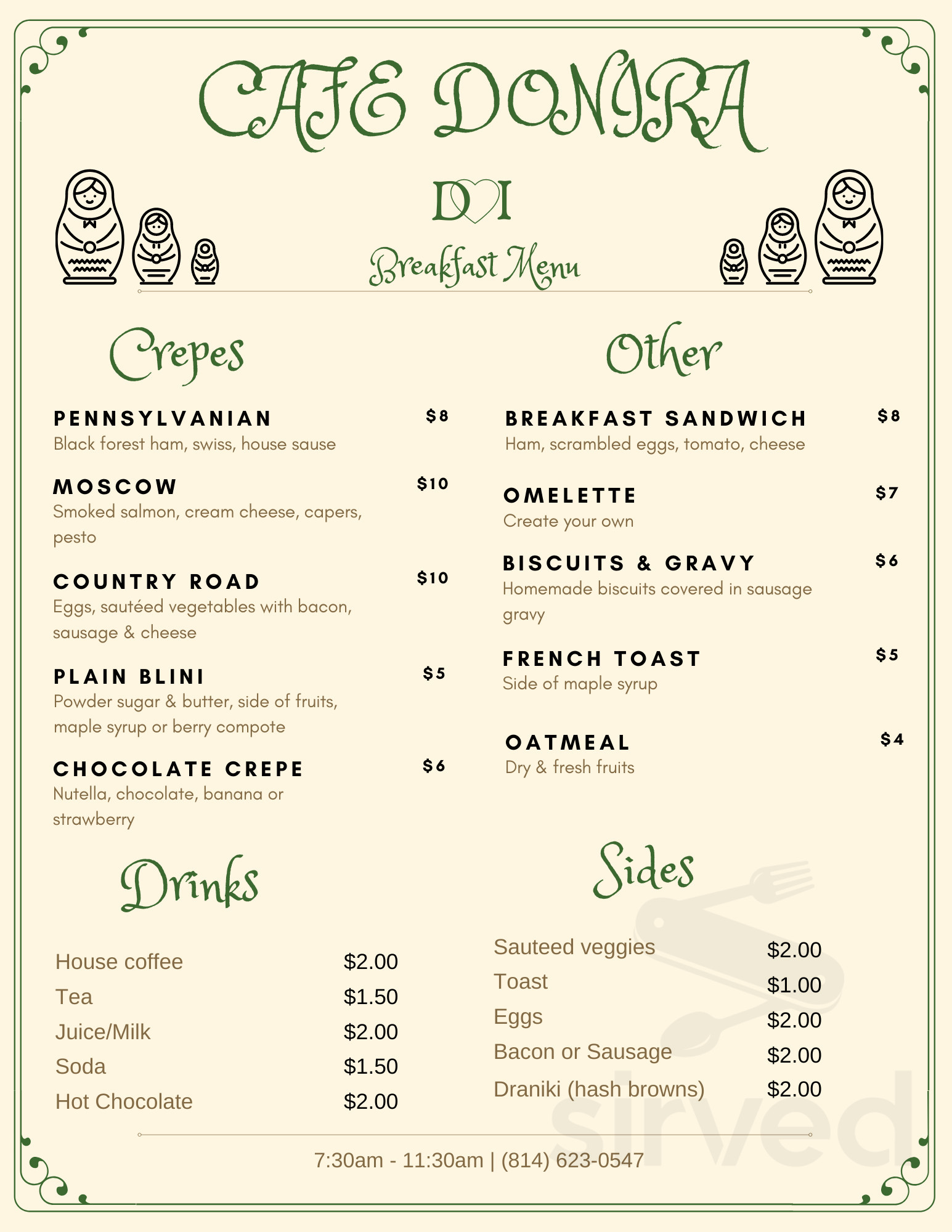 Cafe Donira menu in Manns Choice, Pennsylvania, USA