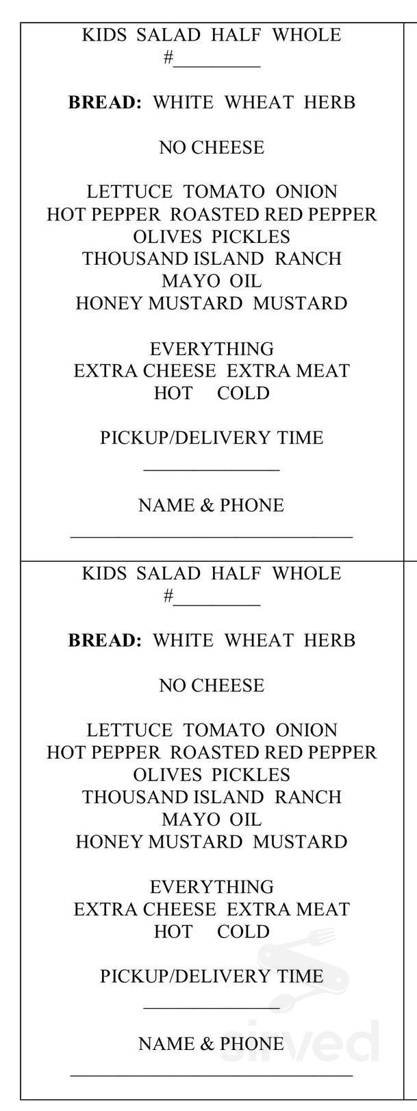 Menu for The Whole Darn Thing Sub Shop in Meadville, PA | Sirved
