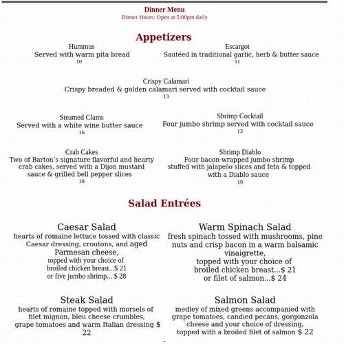 Barton's Steak & Seafood menu in Simi Valley, California, USA