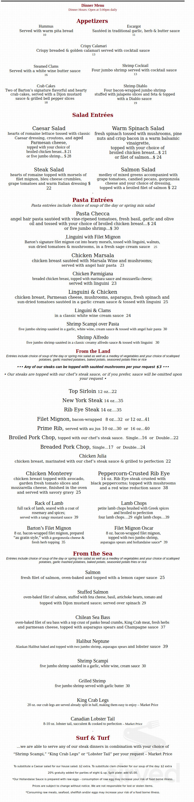 Barton's Steak & Seafood menu in Simi Valley, California, USA