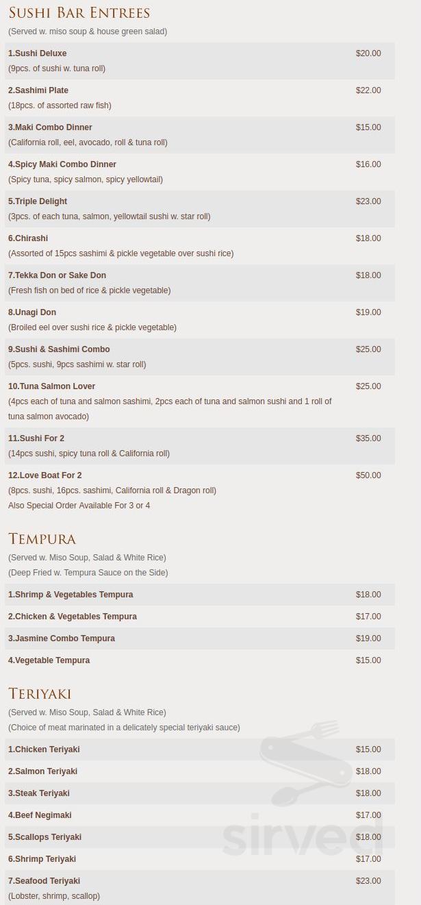 Menu Easton PA's Jasmine Sushi Hibachi & Thai Sirved